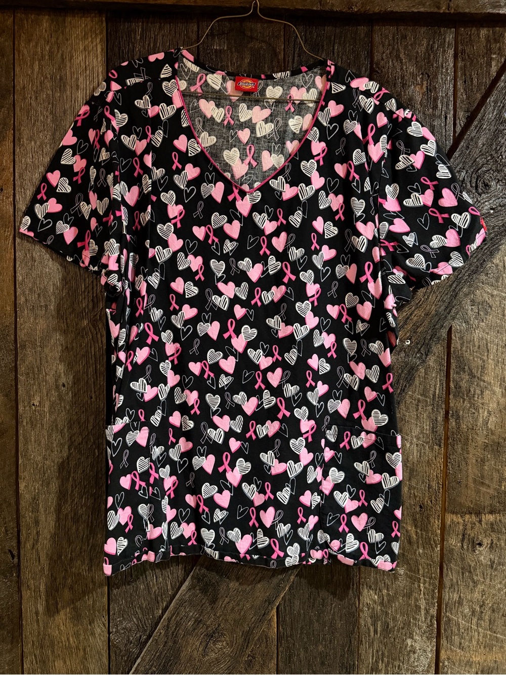 Dickies Black V-Neck Tee with Pink Ribbon & White Heart Print medical scrubs top